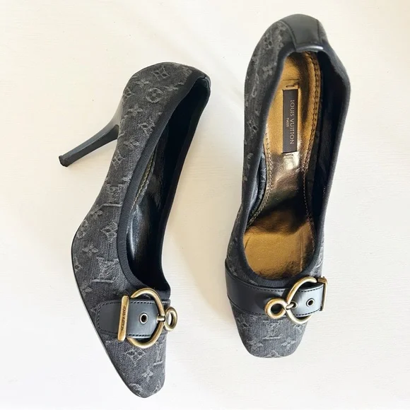 Louis Vuitton Vintage Monogram Canvas Black Gray Buckle Heels Pumps Size EU 39.5 - Picture 4 of 15
